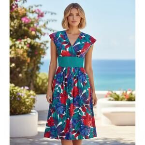 Vintage Jackie Taub for Connections Floral Midi Dress 12 Union Made Blue Red